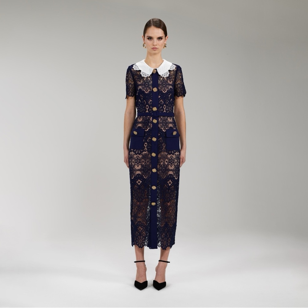 Self-Portrait Navy Lace Midi Dress with White Collar